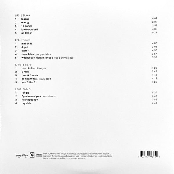 Image of Back Cover of 2xLP - VG+/VG+ - DRAKE, If You're Reading This It's Too Late (Young Money; 0602547973450, Europe 2016, Gatefold), Sleeve has a corner crease. Hype sticker stuck on sleeve.,  - 3416014C