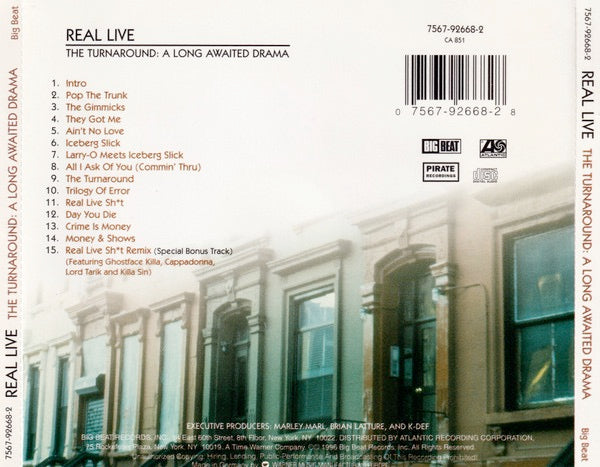 Image of Back Cover of 3314344C: CD - REAL LIVE, The Turnaround: A Lond Awaited Drama (Big Beat; 7567-92668-2, Europe 1996, Jewel Case)   VG+/VG+