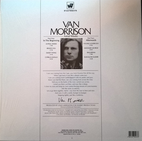 Image of Back Cover of LP - VG+/VG+ - VAN MORRISON, Astral Weeks (Warner ; 81227950378, Europe 2015 Reissue, 180 Gram Vinyl), Still In Opened Shrinkwrap With Hype Sticker,  - 3746017S