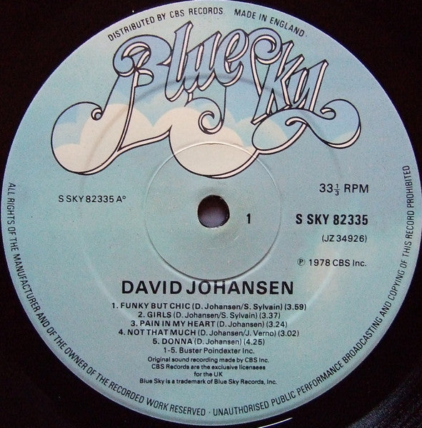 Image of Label Cover of LP - VG/VG+ - DAVID JOHANSEN, David Johansen (Blue Sky; SKY 82335, UK 1978), One long light mark on side 1. Sleeve in slightly torn shrinkwrap, edge wear. ,  - 1126406E