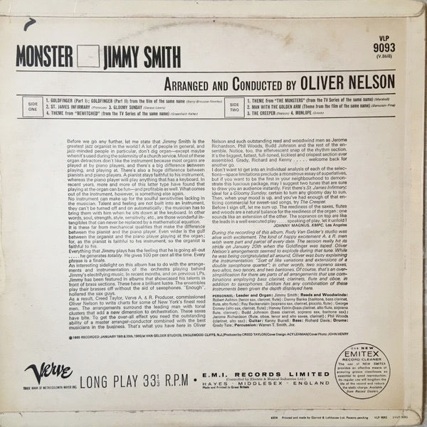 Image of Back Cover of LP - VG+/VG - JIMMY SMITH, Monster (Verve; VLP9093, UK 1965, Laminated Flipback Sleeve, Mono), ,  - 3026022E
