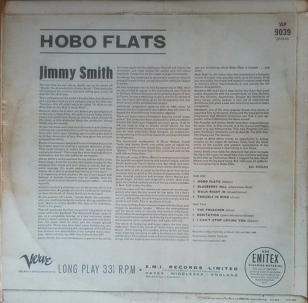 Image of Back Cover of LP - VG+/VG - JIMMY SMITH, Hobo Flats (Verve Records; VLP 9039, UK 1963, Laminated Flipback Sleeve, Mono), ,  - 3026251E