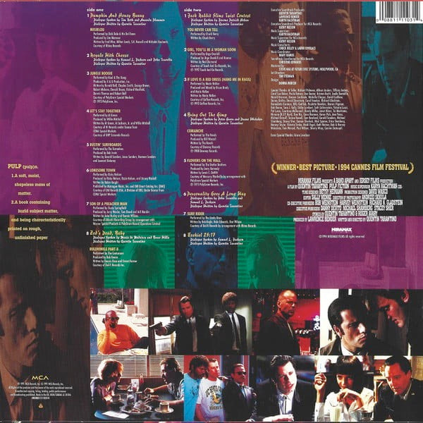 Image of Back Cover of LP - VG+/VG+ - VARIOUS, Pulp Fiction (Music From The Motion Picture) (MCA Records; 0008811110314, Europe 2000s Reissue, 180g Vinyl, No "www.gz.." In Runout), ,  - 2946112S