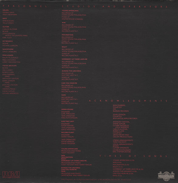 Image of Back Cover of LP - VG/VG - DAVID BOWIE, Young Americans (RCA Tan; RS 1006, US 1975, Textured Sleeve, Indianapolis Pressing), ,  - 2826237E