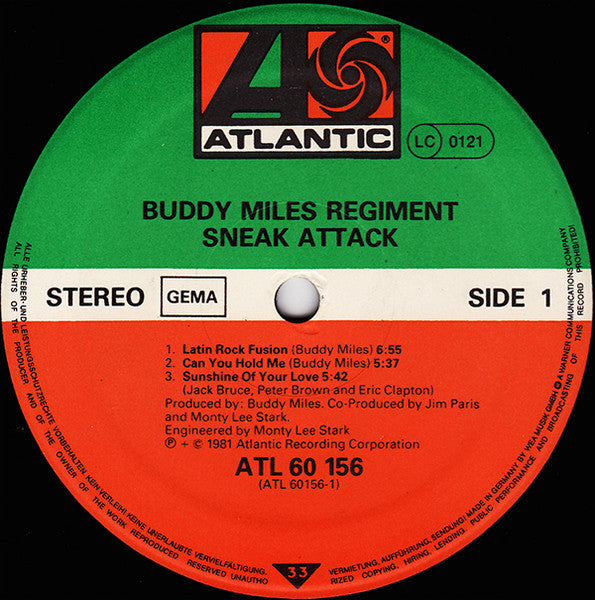 Image of Label Cover of 2xLP - VG/VG - BUDDY MILES REGIMENT, Sneak Attack (Atlantic; ATL 60 156, Europe 1981, Gatefold), Sleeve has slight discolouration, edge / corner wear; peeling sticker on front,  - 3816332C
