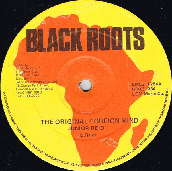 Image of Front Cover of 12" - /G+ - JUNIOR REID , The Original Foreign Mind / Junior Nature  (Black Roots; LML211284 , UK 1984), Lots of light marks, plays like a decent VG. Clean labels.,  - 0716093C