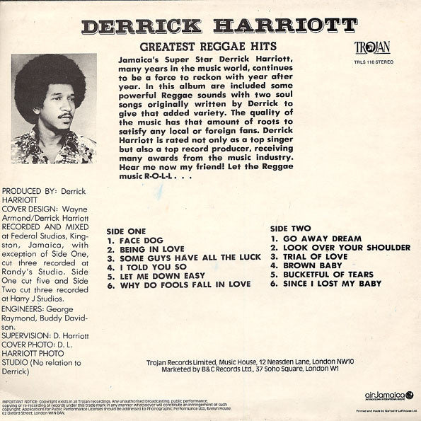 Image of Back Cover of LP - VG/G+ - DERRICK HARRIOTT, Greatest Reggae Hits (Trojan Orange / White; TRLS 116, UK 1975, Laminated Sleeve), Marks on disc.Wear to sleeve with multiple light creases & ringwear. tape on sleeve,  - 4146055S