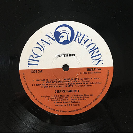 Image of Label Cover of LP - VG/G+ - DERRICK HARRIOTT, Greatest Reggae Hits (Trojan Orange / White; TRLS 116, UK 1975, Laminated Sleeve), Marks on disc.Wear to sleeve with multiple light creases & ringwear. tape on sleeve,  - 4146055S