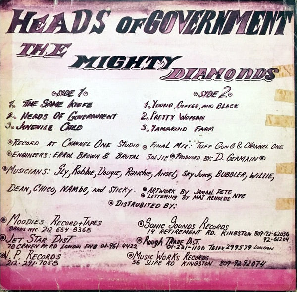 Image of Back Cover of LP - VG/VG - THE MIGHTY DIAMONDS, Heads Of Government (Revolutionary Sounds; , Jamaica 1982), Light marks, bit of background. Spine damage on sleeve, wear to the opening.,  - 3646144S