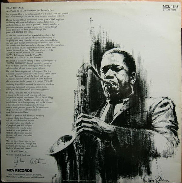 Image of Back Cover of LP - VG/VG - JOHN COLTRANE, A Love Supreme (MCA Blue Rainbow; MCL 1648, UK 1980s Reissue, Picture Sleeve, Stereo), A few light hairlines. Edgewear. ,  - 3626383E