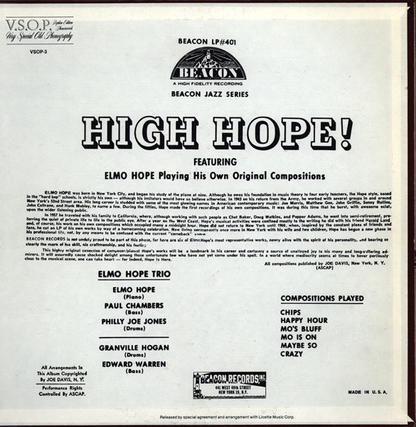 Image of Back Cover of LP - VG+/VG+ - ELMO HOPE, High Hope! (VSOP; VSOP-3, US 1985 Reissue, Pasteback Sleeve), ,  - 4316437C