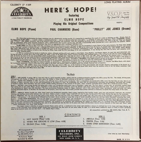 Image of Back Cover of LP - VG/G+ - ELMO HOPE TRIO, Here's Hope! (VSOP; VSOP-2, US 1980s Reissue, Pasteback Sleeve), Light marks only,  - 4016541C