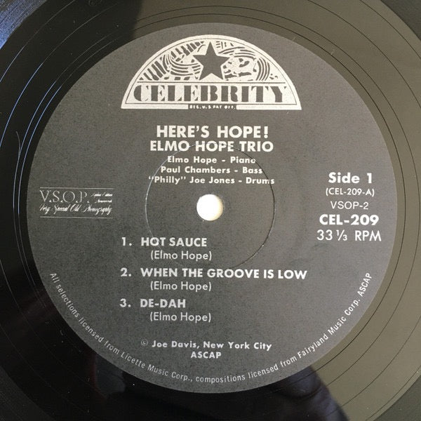 Image of Label Cover of LP - VG/G+ - ELMO HOPE TRIO, Here's Hope! (VSOP; VSOP-2, US 1980s Reissue, Pasteback Sleeve), Light marks only,  - 4016541C