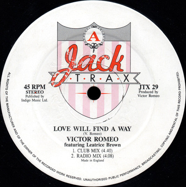 Image of Front Cover of 12" - VG/VG - VICTOR ROMEO, Love Will Find A Way (Jack Trax; JTX 29, UK 1989, Company Sleeve), light marks only. pencil on label. original company sleeve - few creases and light edge wear,  - 3646422S