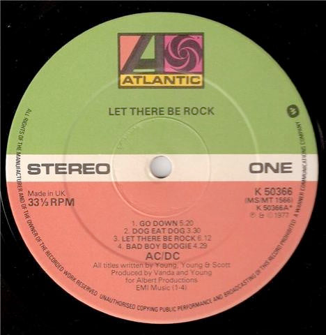 Image of Label Cover of LP - VG/VG - AC/DC, Let There Be Rock (Atlantic Orange & Green - With W Logo On Label Rim; K 50366, UK 1977), Very clean disc with a slightly warped edge, only audible at the run-in.,  - 3046140S