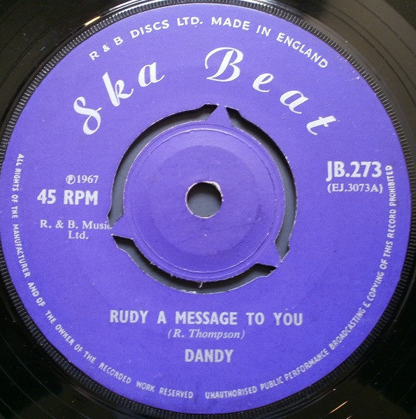 Image of Front Cover of 7" - /G+ - DANDY, Rudy A Message To You / Till Death Do Us Part (Ska Beat; JB.273, UK 1967, Plain Sleeve, 3-Prong centre), Marks on disc. Plays well with minimal background noise. No centre.,  - 3556031S