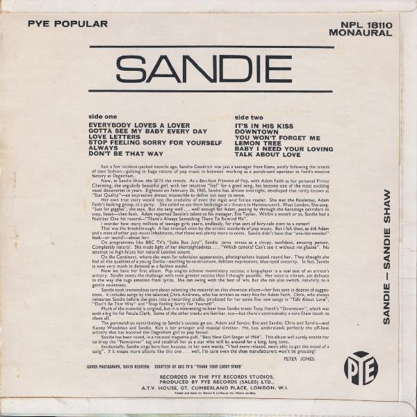 Image of Back Cover of 3225229E: LP - SANDIE SHAW, Sandie (Pye; NPL18110, UK 1965, Flipback Sleeve, Mono)   VG/VG