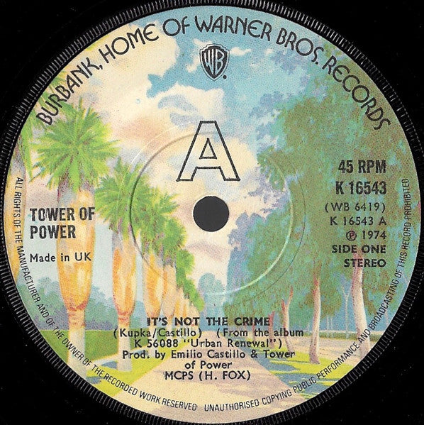 Image of Label Cover of 7" - G+/VG - TOWER OF POWER, Its Not The Crime / Only So Much Oil In The Ground (Warner Bros; K 16543, UK 1974, Company Sleeve), Light marks only. Wear to company sleeve.,  - 3526209E