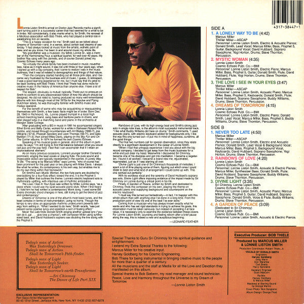 Image of Back Cover of LP - G/VG - LONNIE LISTON SMITH, Dreams of Tomorrow (Doctor Jazz Records; FW 38447, US 1983, Picture Sleeve), Sleeve has edgewear, creasing and a seam split.,  - 4426031E