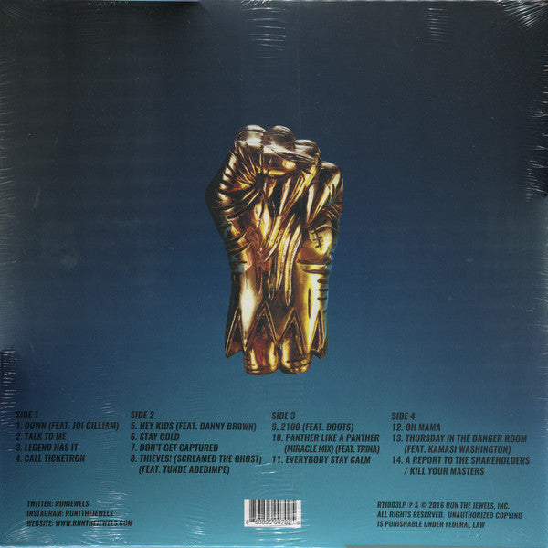 Image of Back Cover of 2xLP - VG+/VG+ - RUN THE JEWELS, Run The Jewels 3 (Run The Jewels Inc; RTJ003LP, US 2017, Gatefold, Insert, Poster, Stickers, Gold Vinyl), ,  - 2946014S