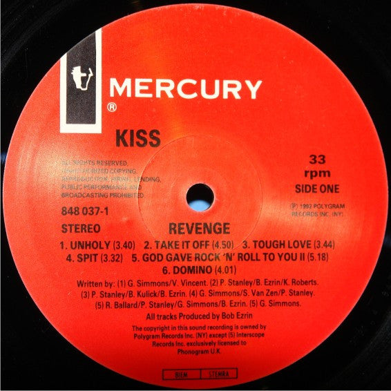 Image of Label Cover of LP - VG/G+ - KISS, Revenge (Mercury; 848037-1, UK 1992, Inner), Light surface marks, Hairlines and some mottling, Plays well with minimal surface noise, Edge wear and pinches to all edges,  - 2516091C
