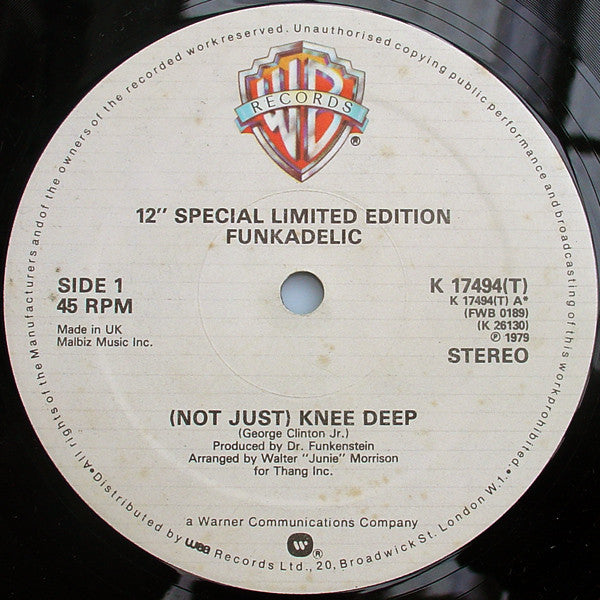 Image of Front Cover of 12" - /VG - FUNKADELIC, (Not Just) Knee Deep / One Nation Under A Groove (Warner Bros; K 17494(T), UK 1979, 12" Special Special Edition), Record slightly fogged. Labels lightly mottled,  - 2316223C
