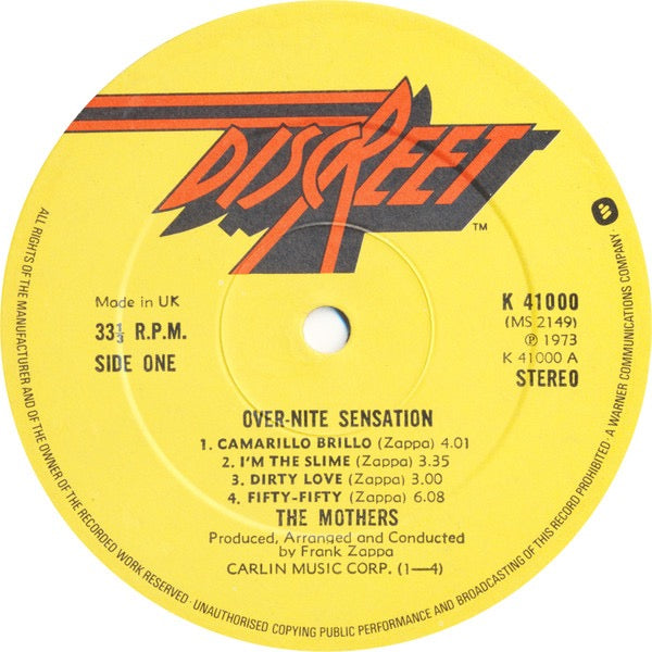 Image of Label Cover of LP - VG/G - FRANK ZAPPA & THE MOTHERS, Over-Nite Sensation (Discreet; K41000, UK 1970s Reissue, Gatefold), Worn sleeve with sticker damage.,  - 3116262C