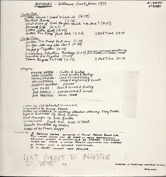 Image of Back Cover of LP - VG/VG - FRANK ZAPPA AND THE MOTHERS OF INVENTION, Fillmore East (Reprise Tan, No WB Logo; K44150, UK 1971), ,  - 3316058C