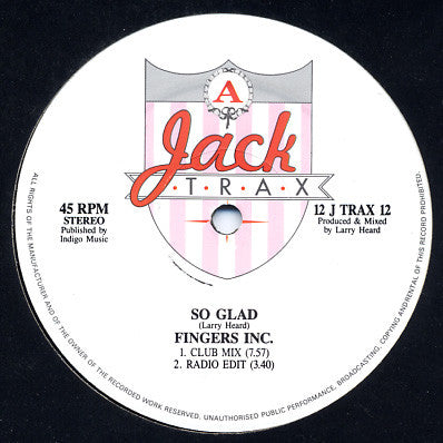 Image of Label Cover of 2023295E: 12" - FINGERS INC, So Glad (Jack Trax; 12 JTRAX 12, UK 1988, Company Sleeve) Strong VG  VG/VG