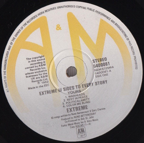 Image of Label Cover of 2814261C: 2xLP - EXTREME, III Sides To Every Story (A&M Records; 540 006-1 , UK 1992, Insert, Poster) Clean copy, A little bit of edge and ring wear  VG/VG+