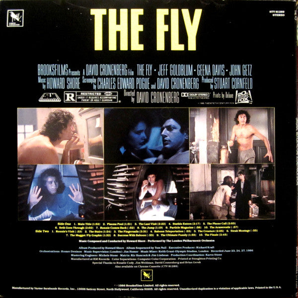 Image of Back Cover of LP - VG/VG - HOWARD SHORE, The Fly (Original Motion Picture Soundtrack) (Var se Sarabande; STV 81289, US 1986), Faint hairlines, ligh corner and edgewear to sleeve with more significant crease on back.,  - 2616482C