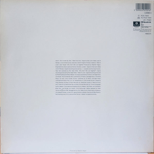 Image of Back Cover of 4614172C: LP - PET SHOP BOYS, Please (Parlophone; PCS 7303, UK 1986, Inner, EMI Pressing) Top seam split.  VG/G