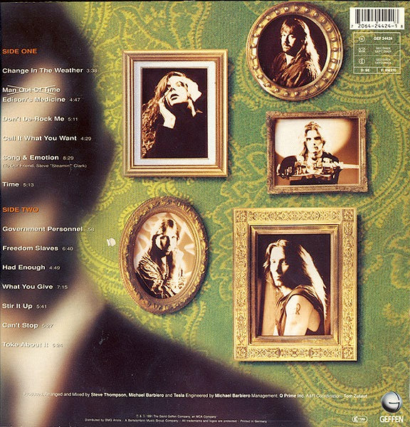 Image of Back Cover of 4614016C: LP - TESLA, Psychotic Supper (Geffen; GEF24424, Europe 1991, Inner) Unsightly patches of compression marks, Hairlines, Sleeve has some light bottom edge wear, Closer to VG+  VG/G+