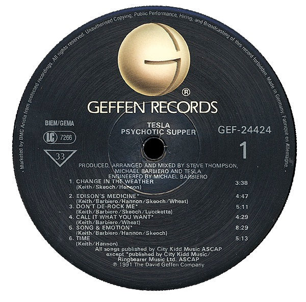 Image of Label Cover of 4614016C: LP - TESLA, Psychotic Supper (Geffen; GEF24424, Europe 1991, Inner) Unsightly patches of compression marks, Hairlines, Sleeve has some light bottom edge wear, Closer to VG+  VG/G+