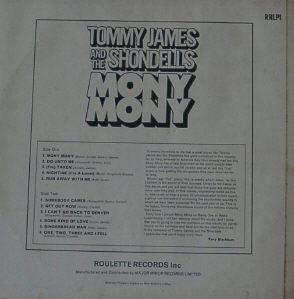 Image of Back Cover of LP - VG/G+ - TOMMY JAMES AND THE SHONDELLS, Mony Mony (Roulette  ; RRLP 1 , UK 1968, Laminated Sleeve, Mono), Light Marks only.,  - 2316109C