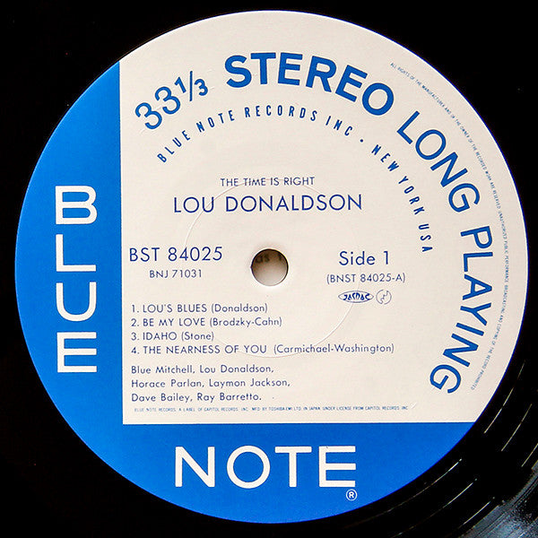 Image of Label Cover of LP - VG/VG+ - LOU DONALDSON, The Time Is Right (Blue Note; BST-84025 / BNJ-71031, Japan 1984 Reissue, Pasteback Sleeve, Stereo, No OBi, No Insert), Cover in strong VG, close to VG+. Couple superficial marks on vinyl only.,  - 2446138S