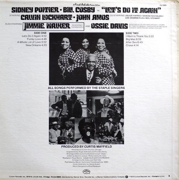 Image of Back Cover of LP - G+/VG - THE STAPLE SINGERS, Let's Do It Again (Original Soundtrack) (Curtom; CU 5005, US 1975, Pasteback Sleeve), Marks and edge wear, top and bottom seams partially split. Strong VG disc.,  - 4146196S