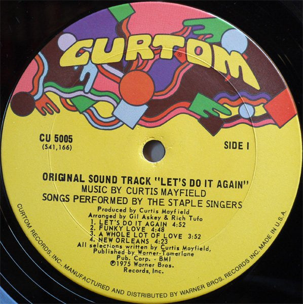 Image of Label Cover of LP - G+/VG - THE STAPLE SINGERS, Let's Do It Again (Original Soundtrack) (Curtom; CU 5005, US 1975, Pasteback Sleeve), Marks and edge wear, top and bottom seams partially split. Strong VG disc.,  - 4146196S