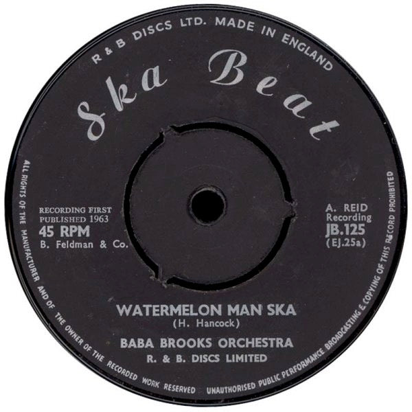 Image of Front Cover of 2014216C: 7" - BABA BROOKS ORCHESTRA / STRANGER COLE, Watermelon Man Ska / Things Come To Those Who Wait (Ska Beat; JB 125, UK 1963 Reissue) Great copy. Centre intact with Mecolico stamp stuck on side one label  /VG+