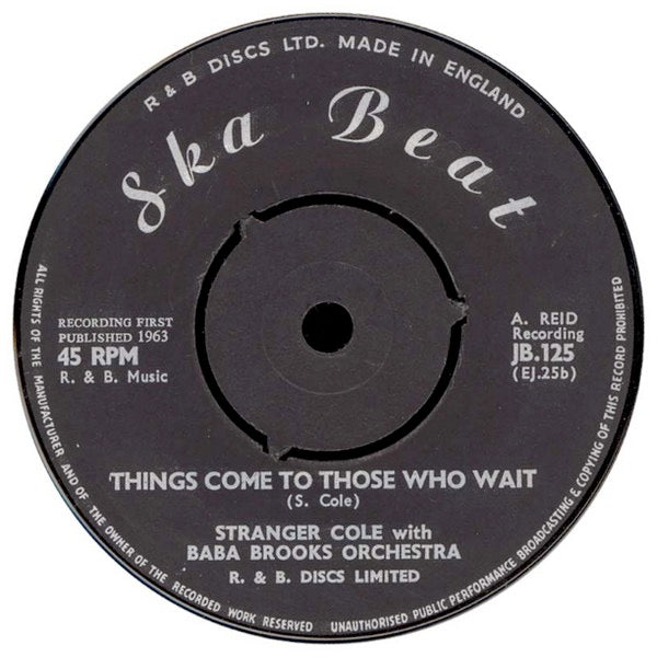 Image of Back Cover of 2014216C: 7" - BABA BROOKS ORCHESTRA / STRANGER COLE, Watermelon Man Ska / Things Come To Those Who Wait (Ska Beat; JB 125, UK 1963 Reissue) Great copy. Centre intact with Mecolico stamp stuck on side one label  /VG+