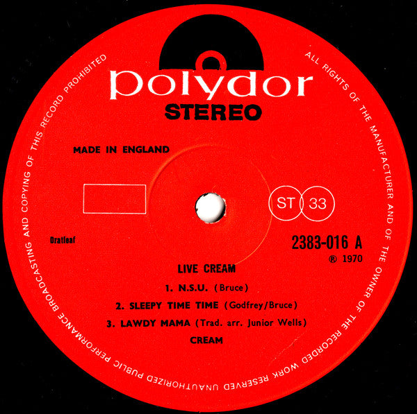 Image of Label Cover of LP - VG/VG+ - CREAM , Live Cream (Polydor ; 2383016, UK 1970), ,  - 1526003E