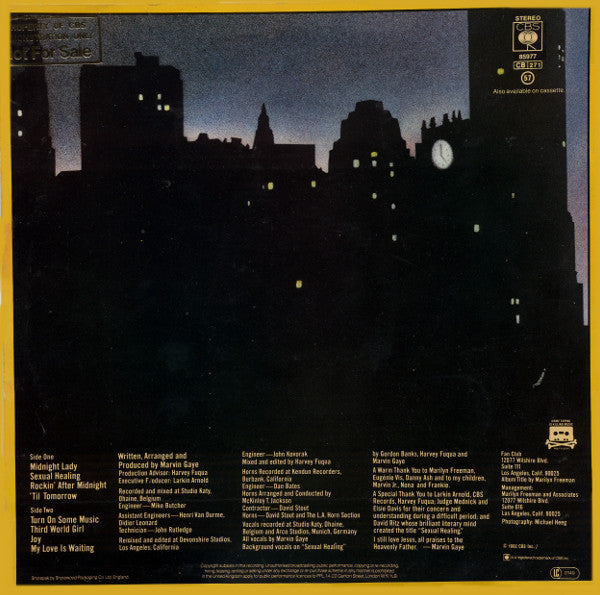 Image of Back Cover of 4644234S: LP - MARVIN GAYE, Midnight Love (CBS Orange/Yellow; 85977, UK 1982, Glossy Sleeve, Insert) Light wear to sleeve.  VG+/VG+