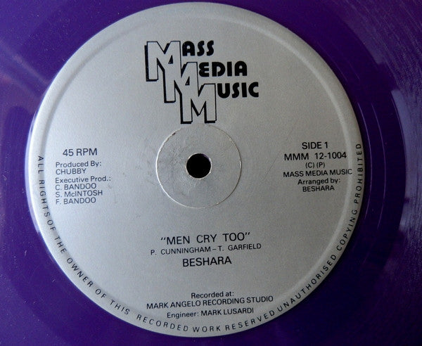 Image of Front Cover of 12" - /G+ - BESHARA, Men Cry Too (Mass Media Music; MMM 12-1004, UK 1980s, Purple vinyl), Light marks, plays G+/VG. Writing on label.,  - 3546250S