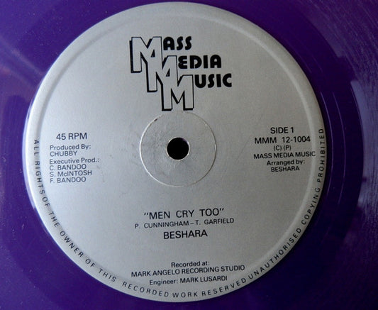 Image of Front Cover of 12" - /G+ - BESHARA, Men Cry Too (Mass Media Music; MMM 12-1004, UK 1980s, Purple vinyl), Light marks, plays G+/VG. Writing on label.,  - 3546250S