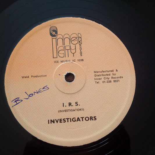Image of Front Cover of 12" - /VG+ - THE INVESTIGATORS, I. R. S. / Turn Out The Light (Inner City Records; IC 103, UK 1979, Disco 45 Sleeve), Superficial lines only.,  - 2146136S