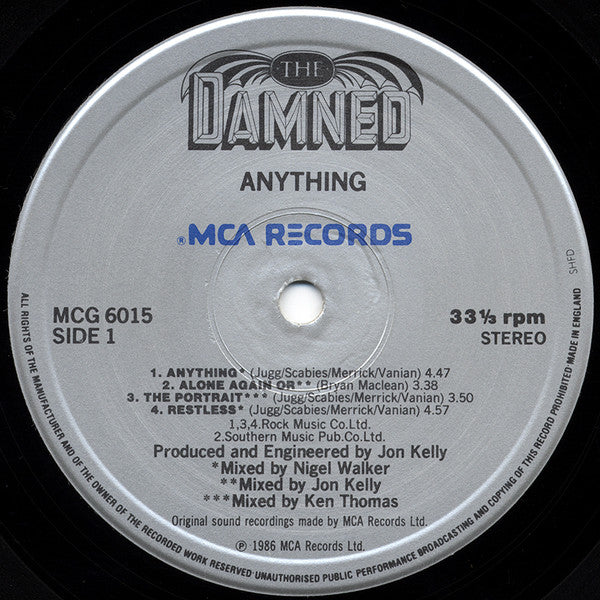 Image of Label Cover of LP - VG/G+ - THE DAMNED, Anything (MCA; MCG 6015, UK 1986, Gatefold Pop Up Sleeve, Inner), Side one strong VG, Side 2 has lot of light scuffy marks, working sleeve,  - 3616083C