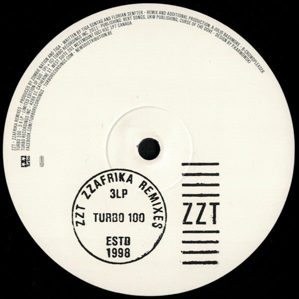 Image of Label Cover of 3x12" - VG/VG - ZZT, ZZafrika Remixes (Turbo; TURBO 100, Canada 2011, Box Set, 3 Inners, Limited Edition of 500), No. 421 / 500., A ZZafrika (Julio Bashmore Remix)B ZZafrika (Crowdpleaser Dub)C ZZafrika (Plein Soleil Remix)D ZZafrika (Tomas Andersson Remix)E ZZafrika (Gesaffelstein Remix)F ZZafrika (Light Year & The Finger Prince Remix) - 3726362E