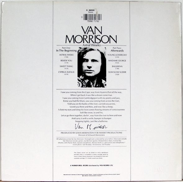 Image of Back Cover of LP - VG/G+ - VAN MORRISON, Astral Weeks (WB Cream Label with Shield; K46024, Germany 1980s Reissue), Light Marks only.,  - 2716090C