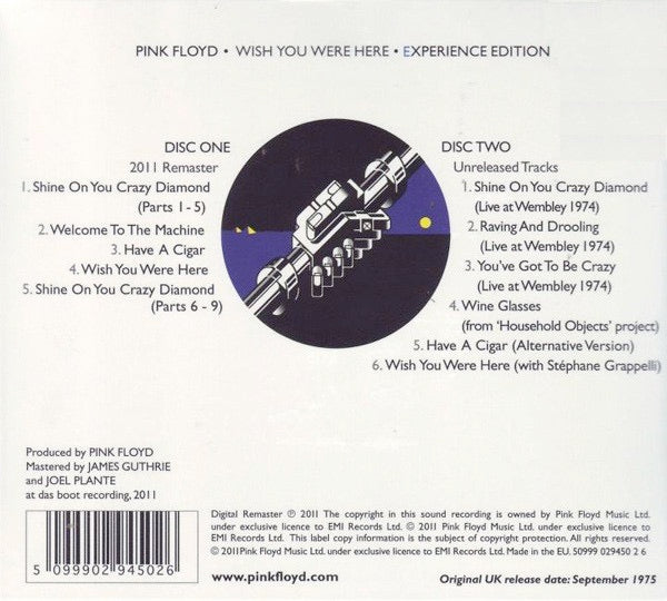 Image of Back Cover of 2xCD - VG+/VG - PINK FLOYD, Wish You Were Here (EMI; 50999 029450 2 6, UK 2011 Reissue, Triple Card Sleeve In Outer Card Sleeve), Disc on has a mark, plays fine ,  - 2636071E