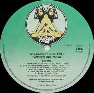 Image of Label Cover of 5114488C: LP - GONG, Angel's Egg (Radio Gnome Invisible Part 2) (Virgin Green w/Drawing; V2007, UK 1970s Reissue, Gatefold) Strong VG, Light hairlines only, glossy vinyl  VG/VG